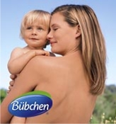 Frau mit Kind auf dem Arm und Bübchen Logo